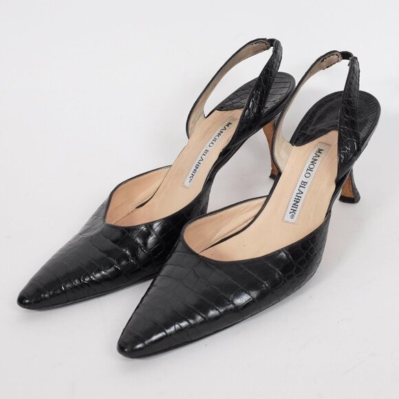 Manolo Blahnik Carolyne crocodile alligator shoes 38 US 8 black slingback - Picture 1 of 8